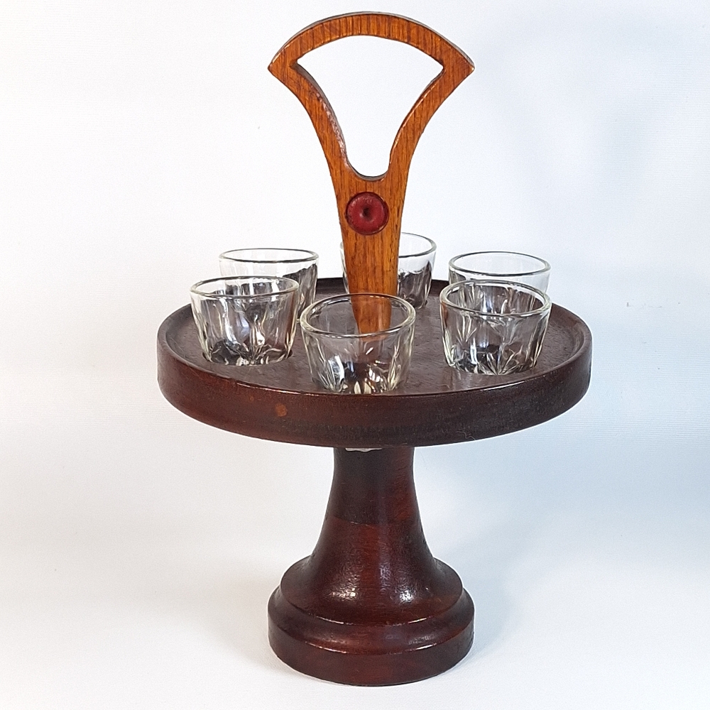 Vintage MCM Wood Shot Glass Holder German Pressed Glass Shot 6 Glasses